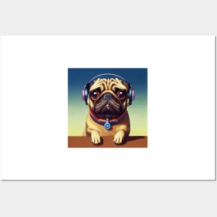 Cutest Pug wearing headphones Posters and Art